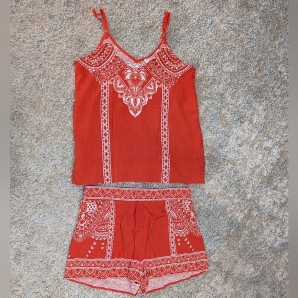 Sweet Wanderer Coral Red Printed Tank & Short Set
